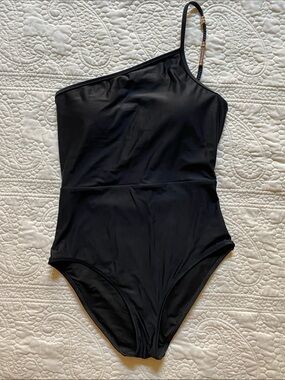 aerie Black One-Shoulder Swimsuit with Gold Accent Strap